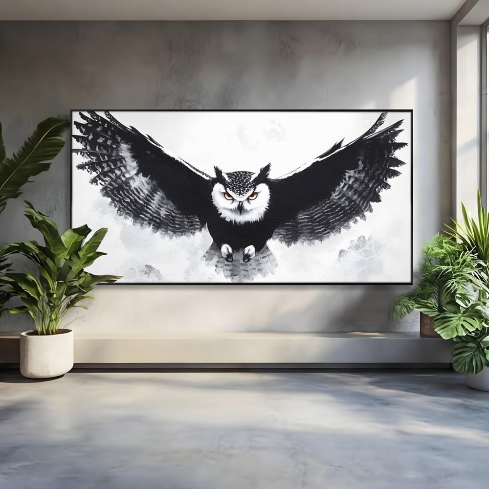 Tablou canvas cu tablou canvas cu bufnita in zbor, in rama de aluminiu negru